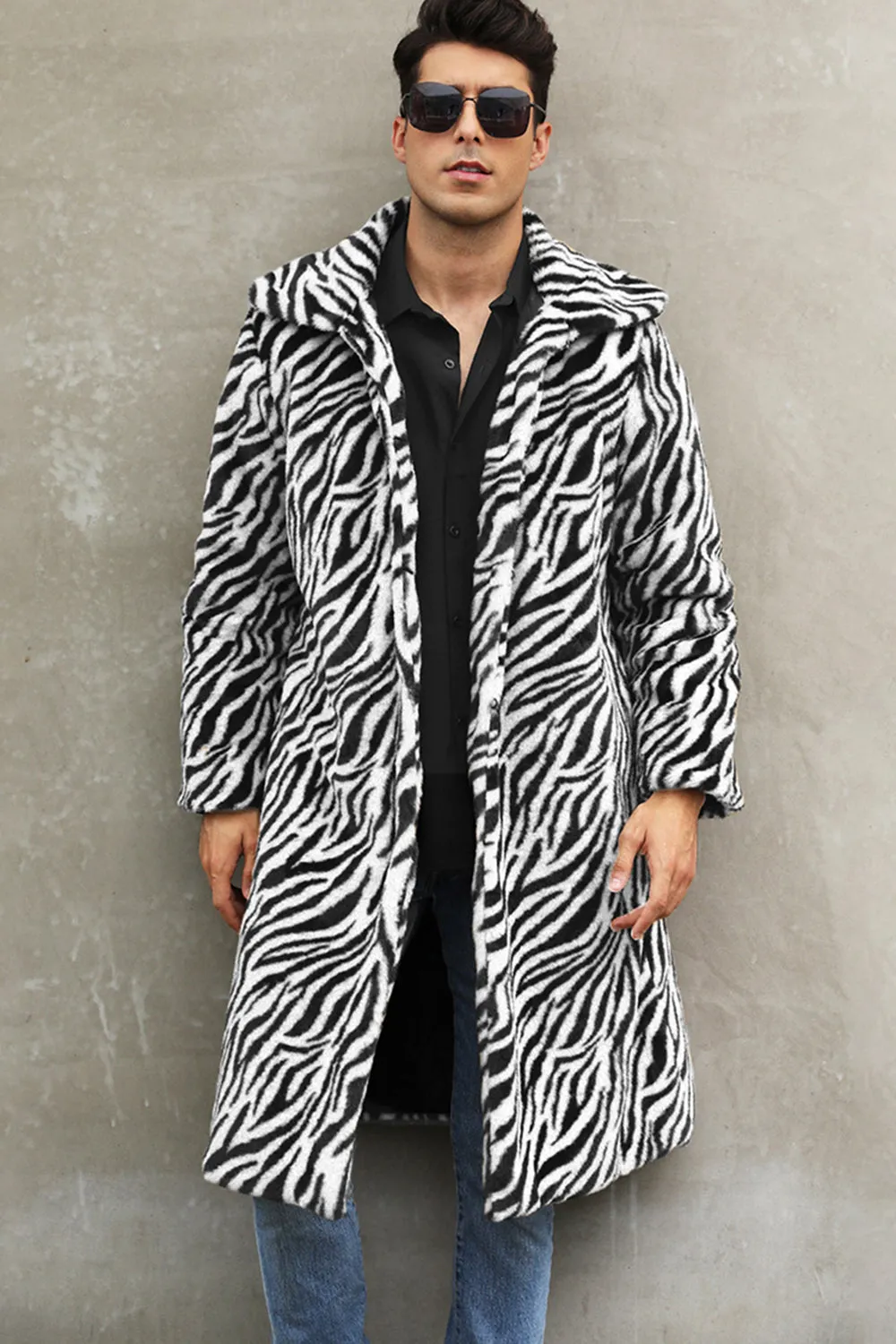 White and Black Straps Long Faux Fur Men's Winter Coat sold by Zapaka