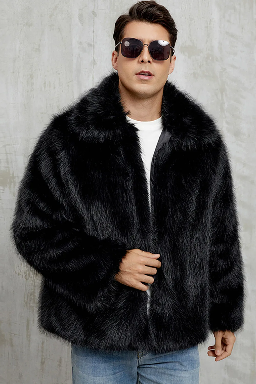 Black Fluffy Faux Fur Short Winter Men's Coat sold by Zapaka