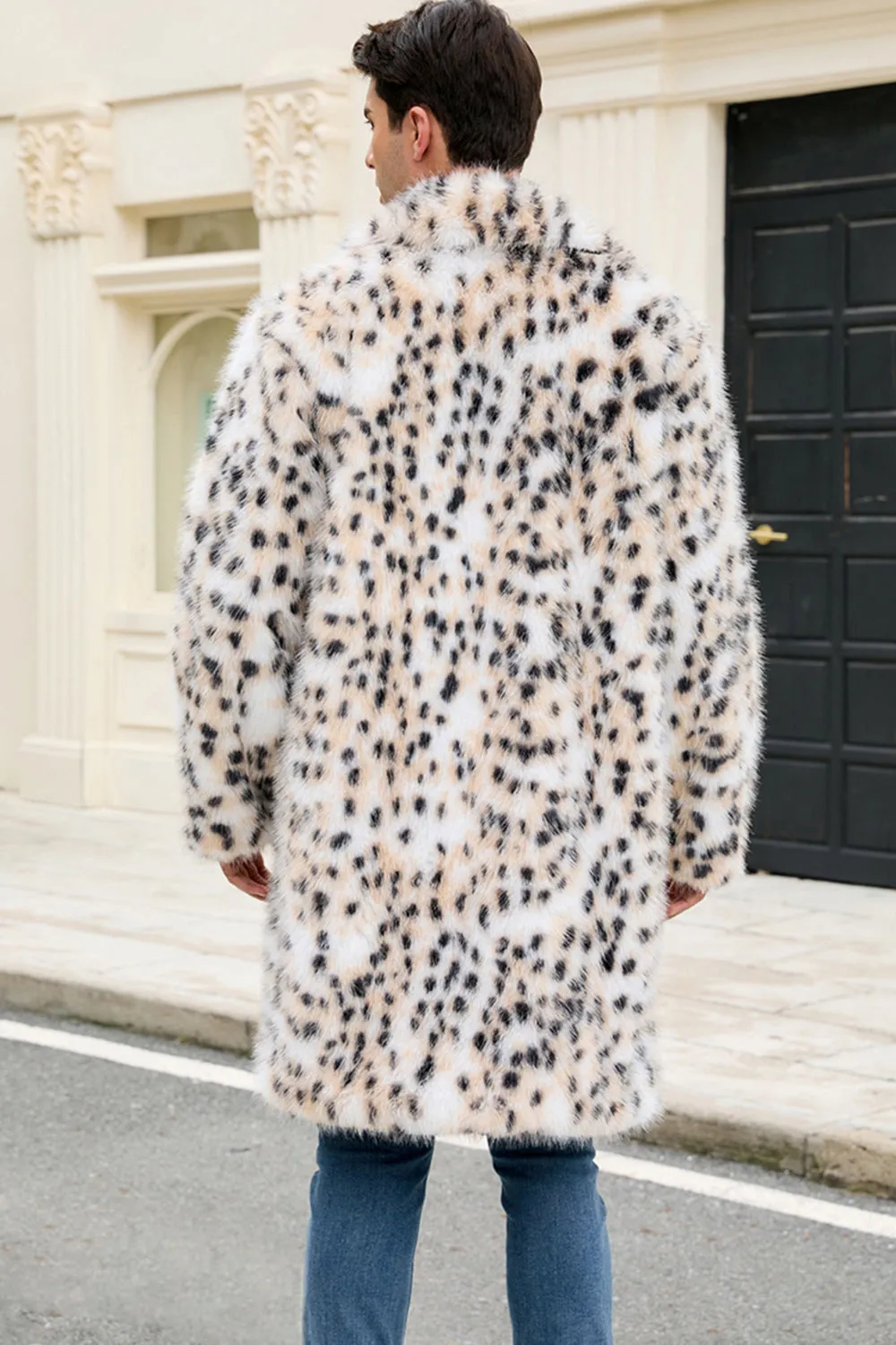 White Leopard Notched Lapel Long Faux Fur Winter Men's Coat sold by Zapaka product image thumbnail 2