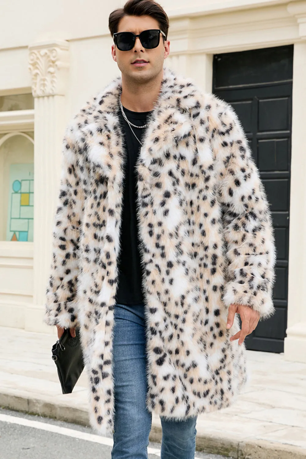 White Leopard Notched Lapel Long Faux Fur Winter Men's Coat sold by Zapaka