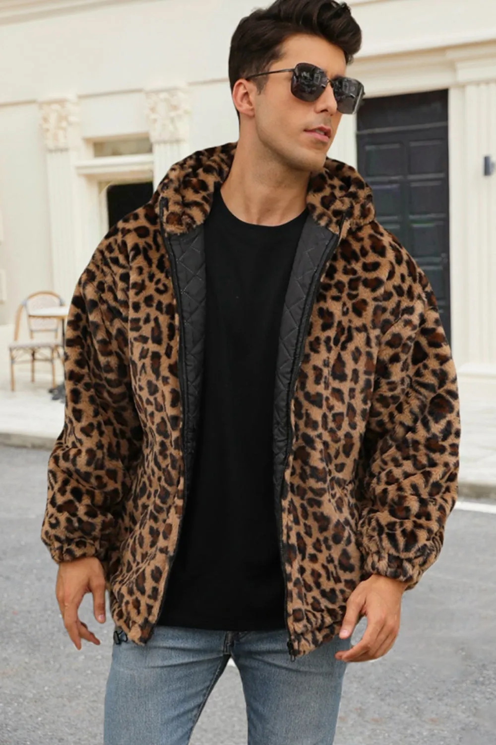 Coffee Leopard Faux Fur Men's Winter Coat with Pockets sold by Zapaka product image thumbnail 3