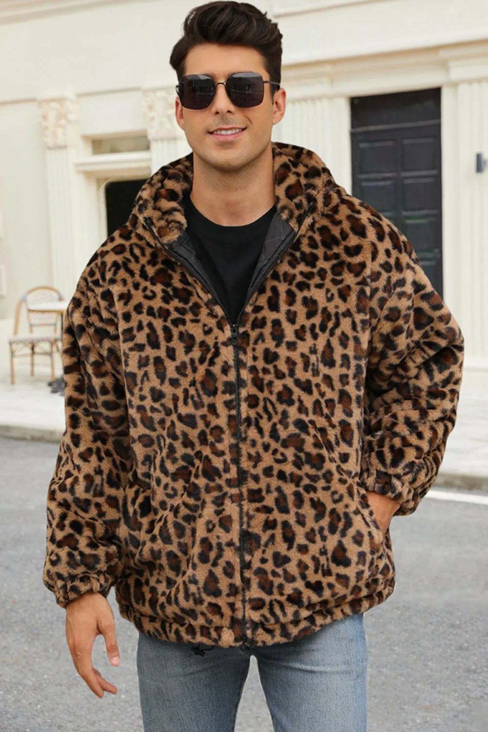 Coffee Leopard Faux Fur Men's Winter Coat with Pockets sold by Zapaka