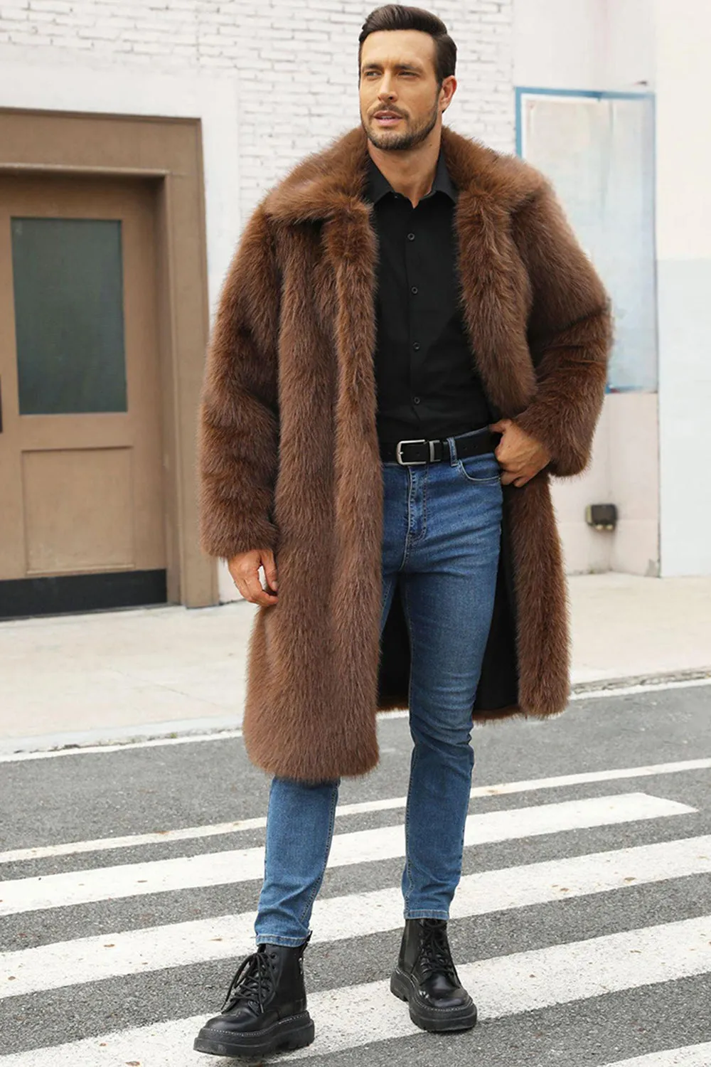 Brown Fluffy Faux Fur Lapel Collar Long Winter Men's Coat sold by Zapaka product image thumbnail 3