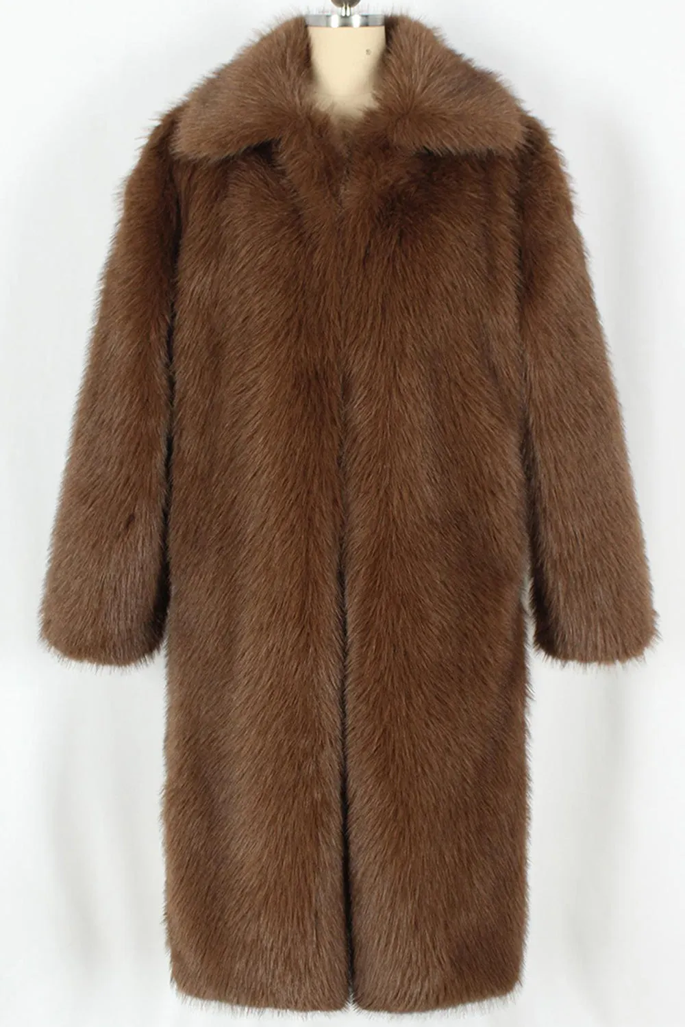 Brown Fluffy Faux Fur Lapel Collar Long Winter Men's Coat sold by Zapaka product image thumbnail 4