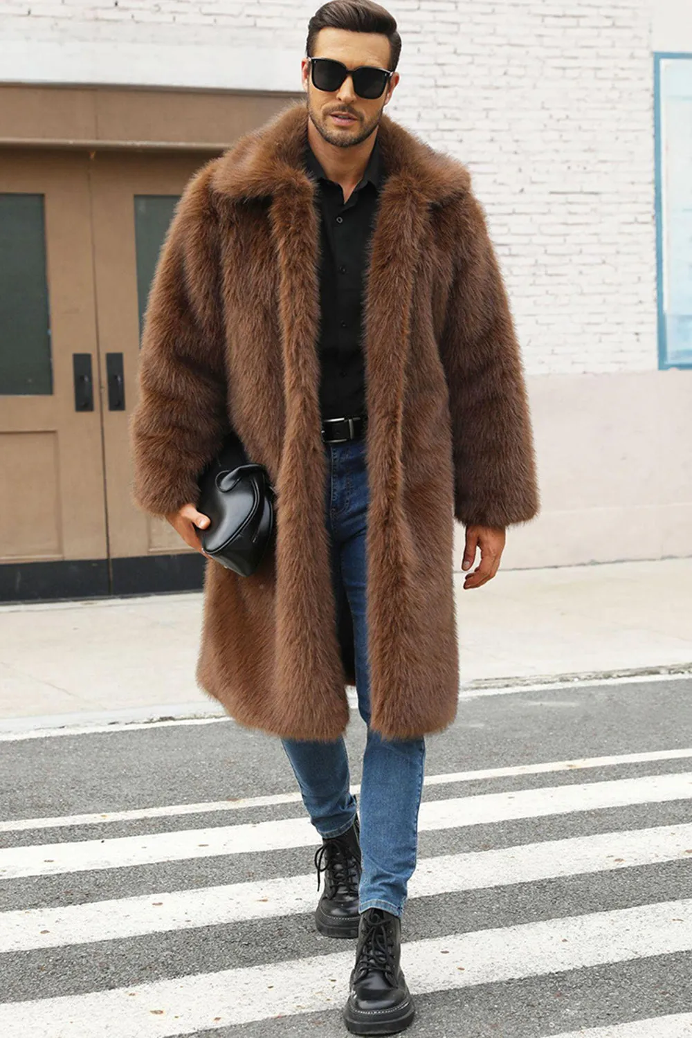 Brown Fluffy Faux Fur Lapel Collar Long Winter Men's Coat sold by Zapaka