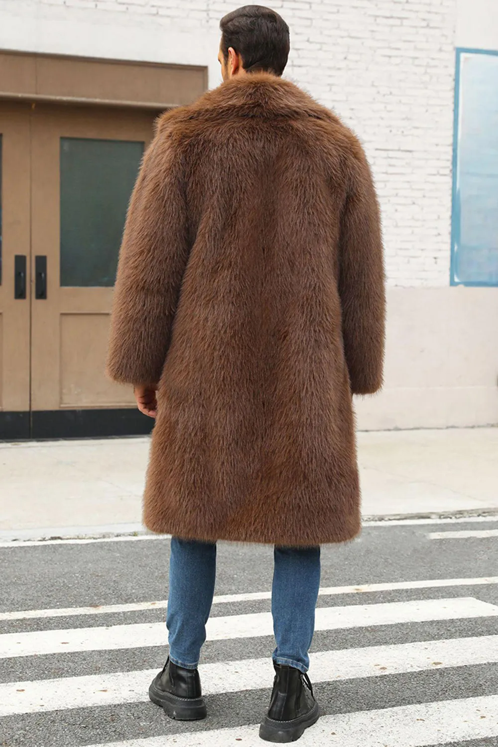 Brown Fluffy Faux Fur Lapel Collar Long Winter Men's Coat sold by Zapaka product image thumbnail 2