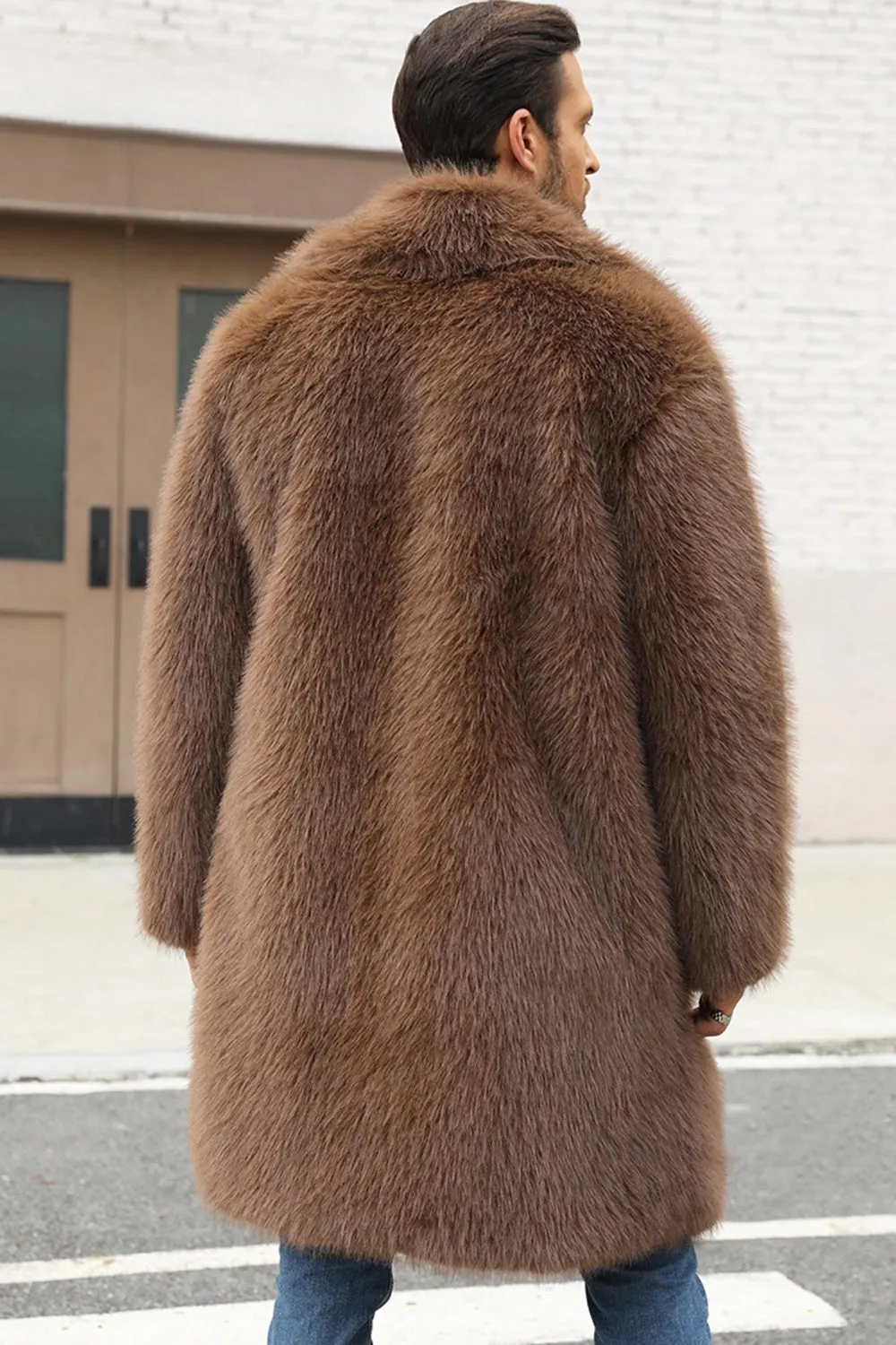 Brown Faux Fur Notched Lapel Long Men's Winter Coat sold by Zapaka product image thumbnail 2