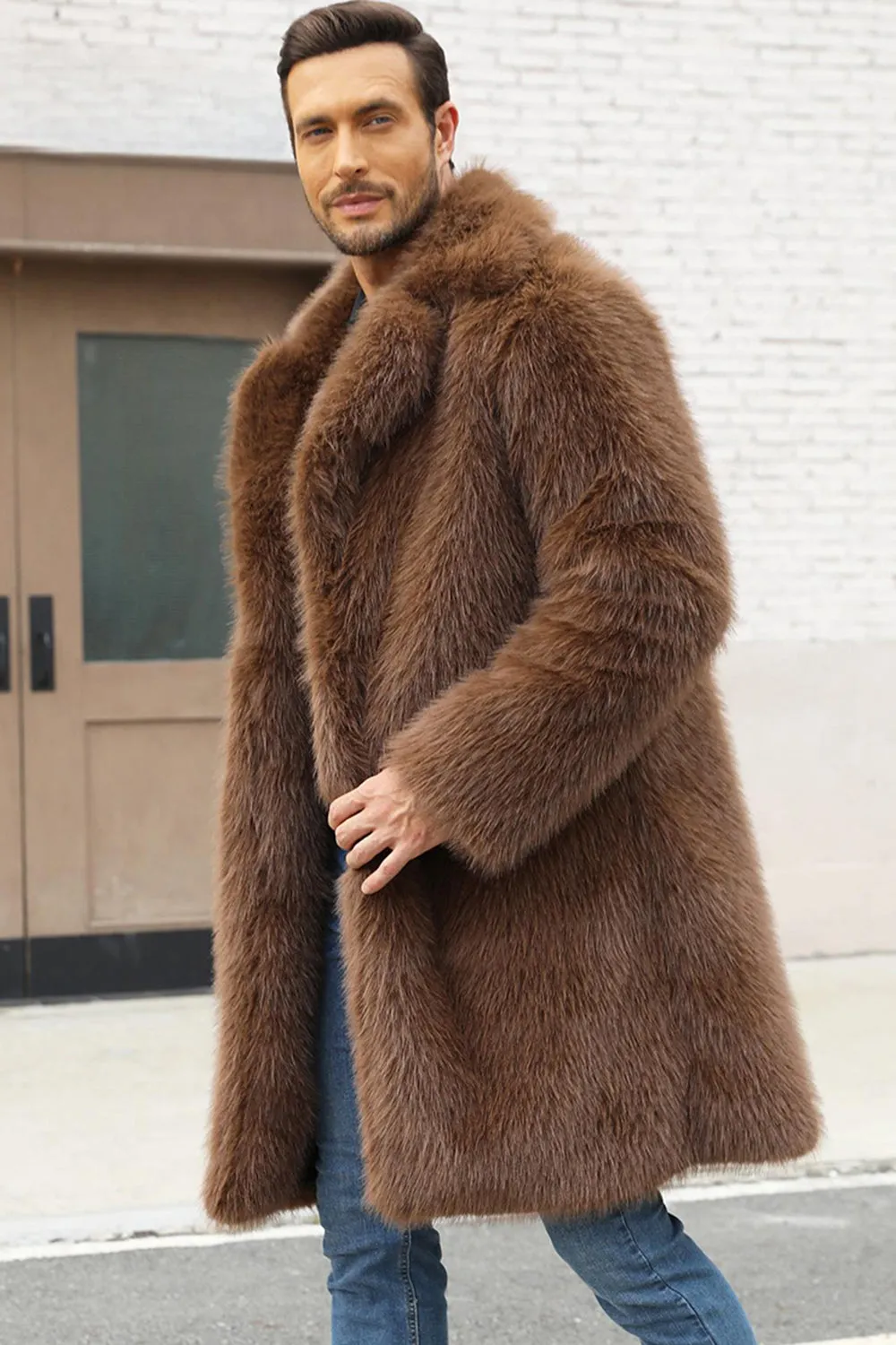 Brown Faux Fur Notched Lapel Long Men's Winter Coat sold by Zapaka product image thumbnail 3