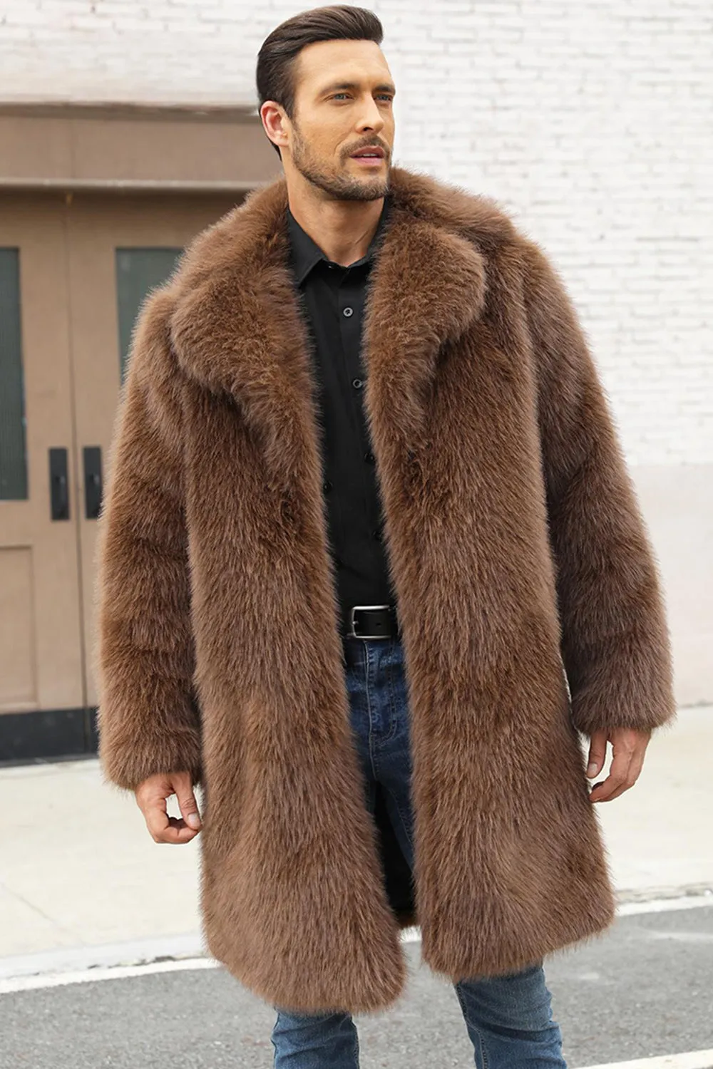 Brown Faux Fur Notched Lapel Long Men's Winter Coat sold by Zapaka
