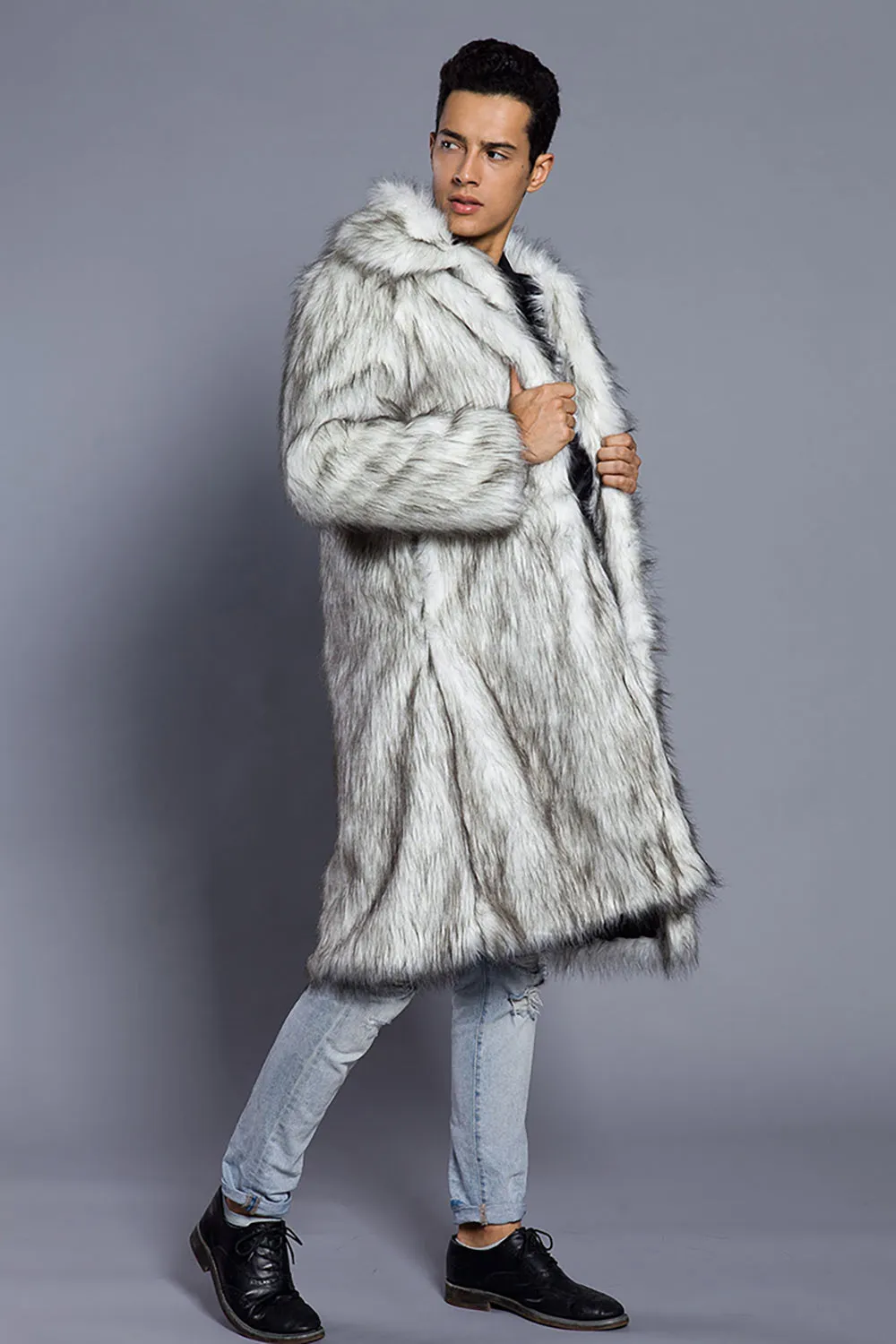 White Grey Long Front Open Polo Collar Fur Coat sold by Zapaka product image thumbnail 5