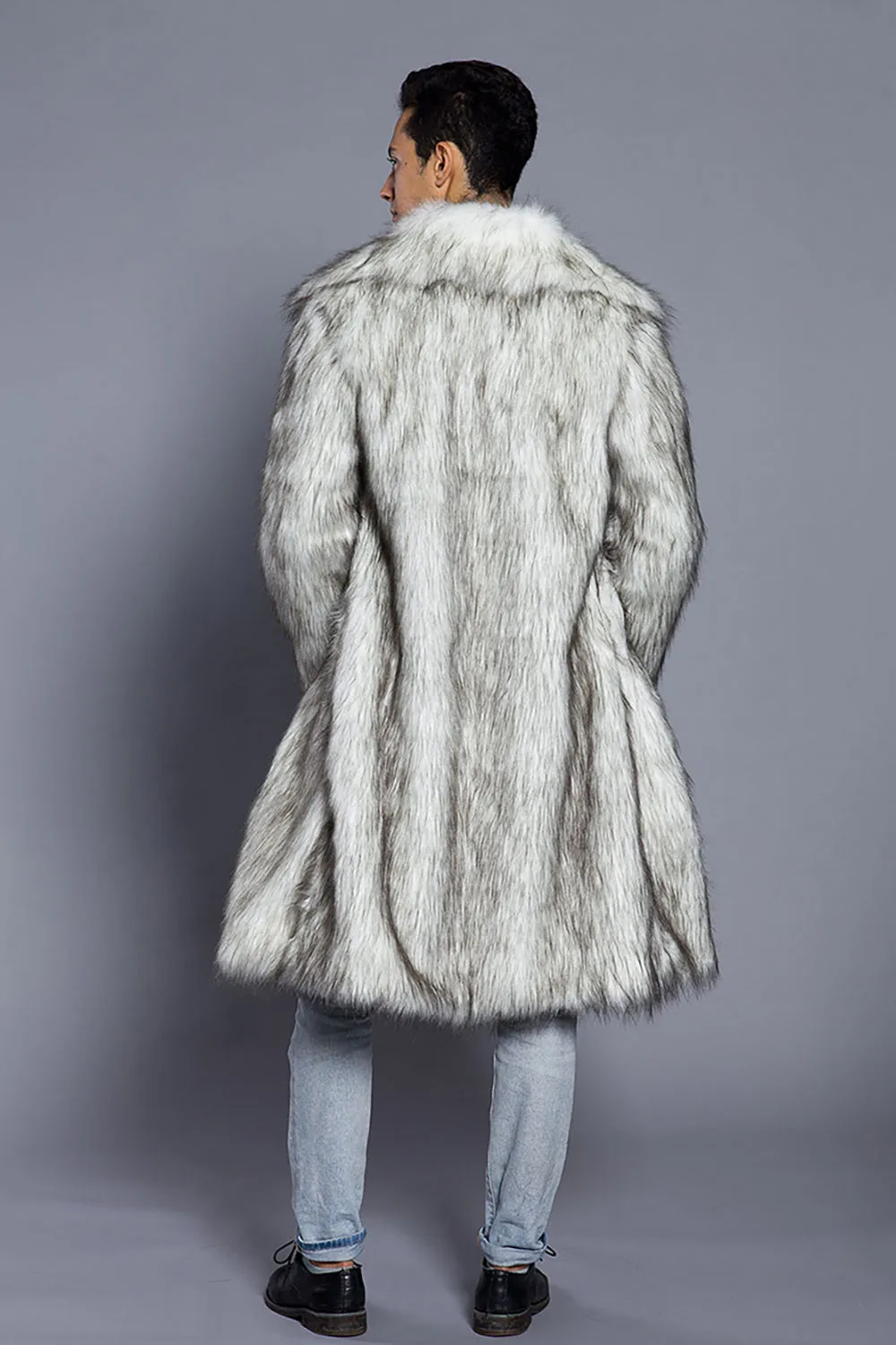 White Grey Long Front Open Polo Collar Fur Coat sold by Zapaka product image thumbnail 2