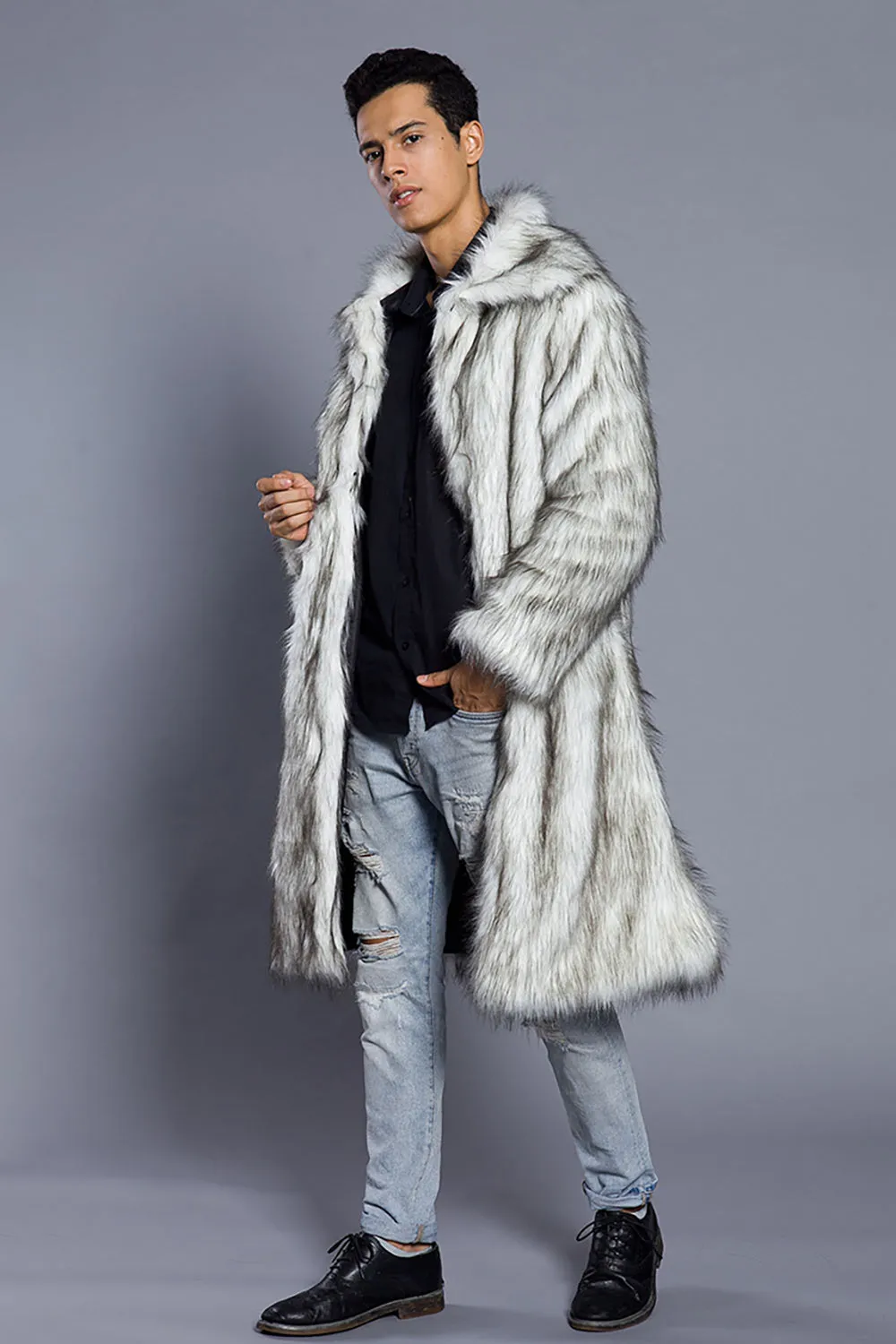 White Grey Long Front Open Polo Collar Fur Coat sold by Zapaka product image thumbnail 3