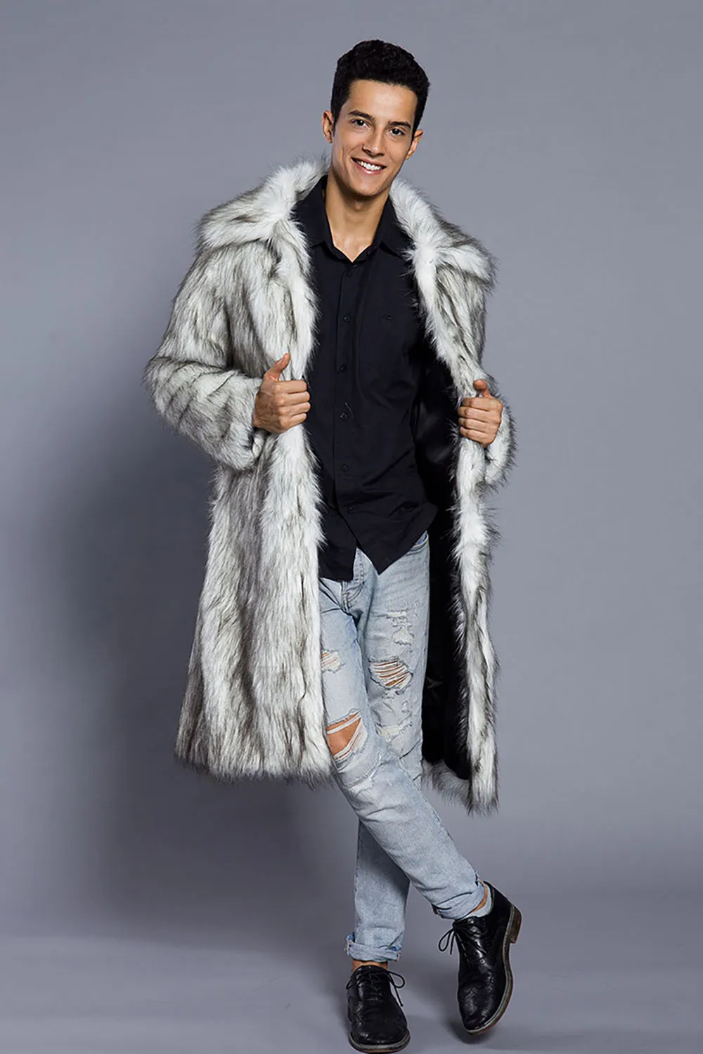 White Grey Long Front Open Polo Collar Fur Coat sold by Zapaka product image thumbnail 4