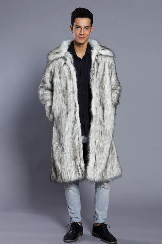 White Grey Long Front Open Polo Collar Fur Coat sold by Zapaka