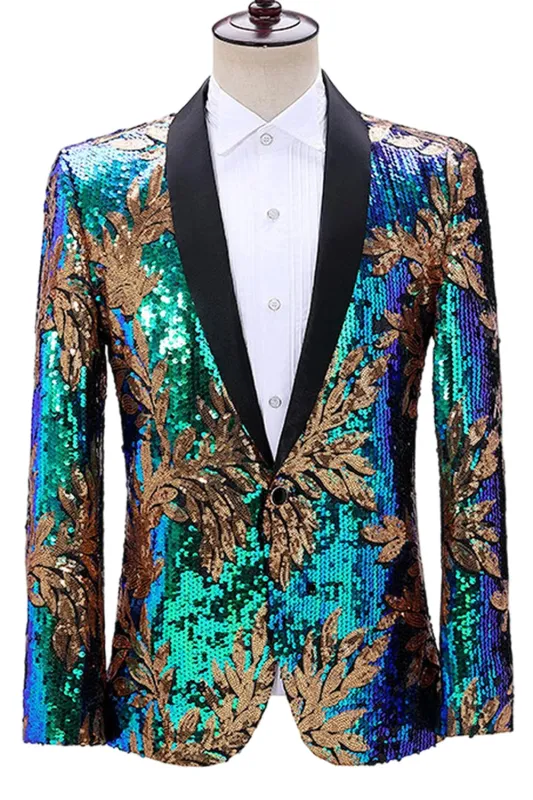 Sparkly Green and Blue Shawl Lapel One Button Men's Prom Blazer sold by Zapaka