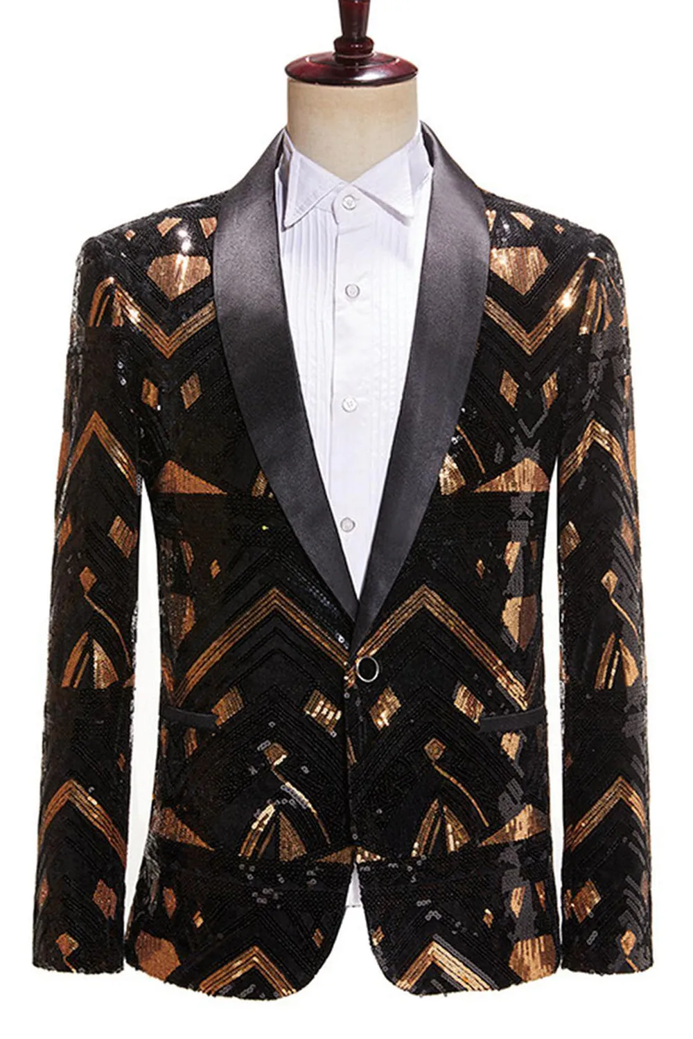 Black and Golden Sequin Shawl Lapel Men's Prom Blazer sold by Zapaka