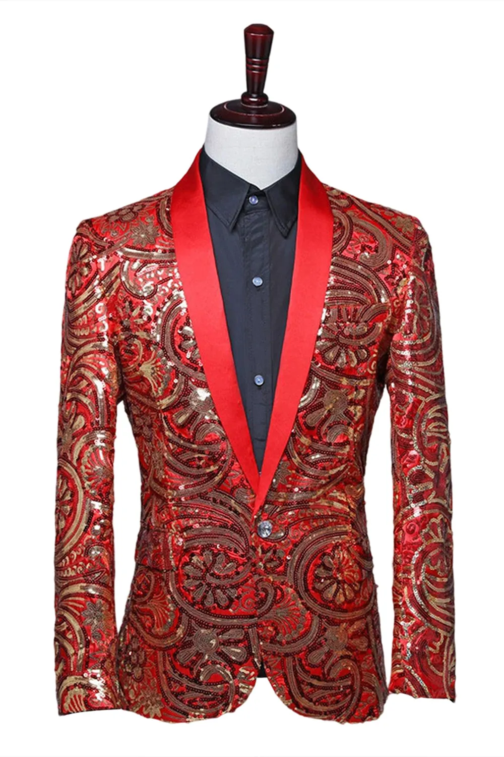 Sparkly Sequins Men's Red Shawl Lapel Prom Blazer sold by Zapaka