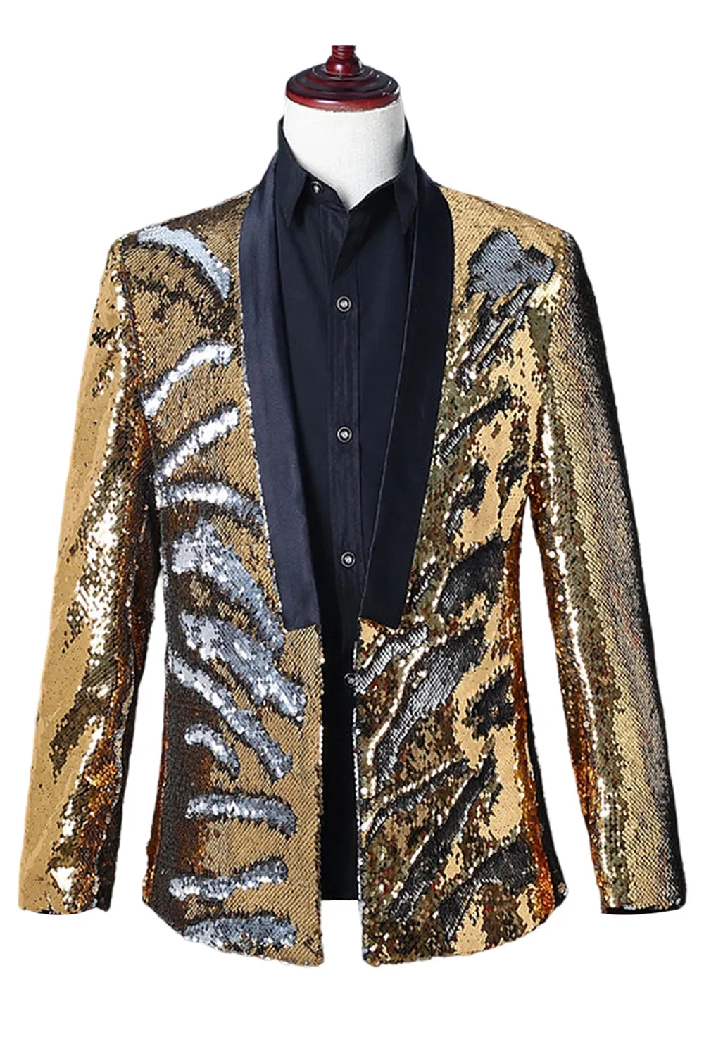Sparkly Silver and Golden Shawl Lapel Men's Prom Blazer with Sequins sold by Zapaka