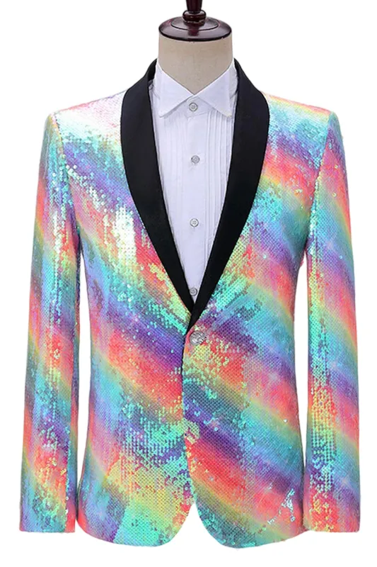 Sparkly Rainbow Shawl Lapel Men's Prom Blazer with Sequins sold by Zapaka