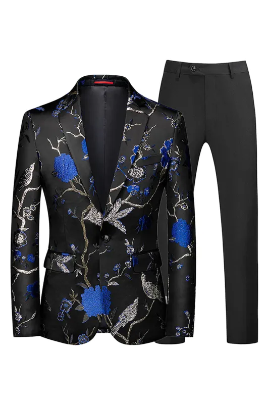 Blue and Black Notched Lapel Jacquard 2 Piece Men's Prom Suits sold by Zapaka