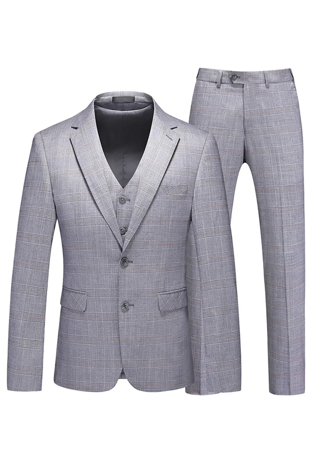 Grey Plaid Notched Lapel 3 Pieces Men's Formal Suits sold by Zapaka