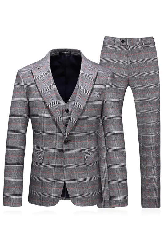 Men's Grey Plaid Peak Lapel 3 Pieces Prom Suits sold by Zapaka