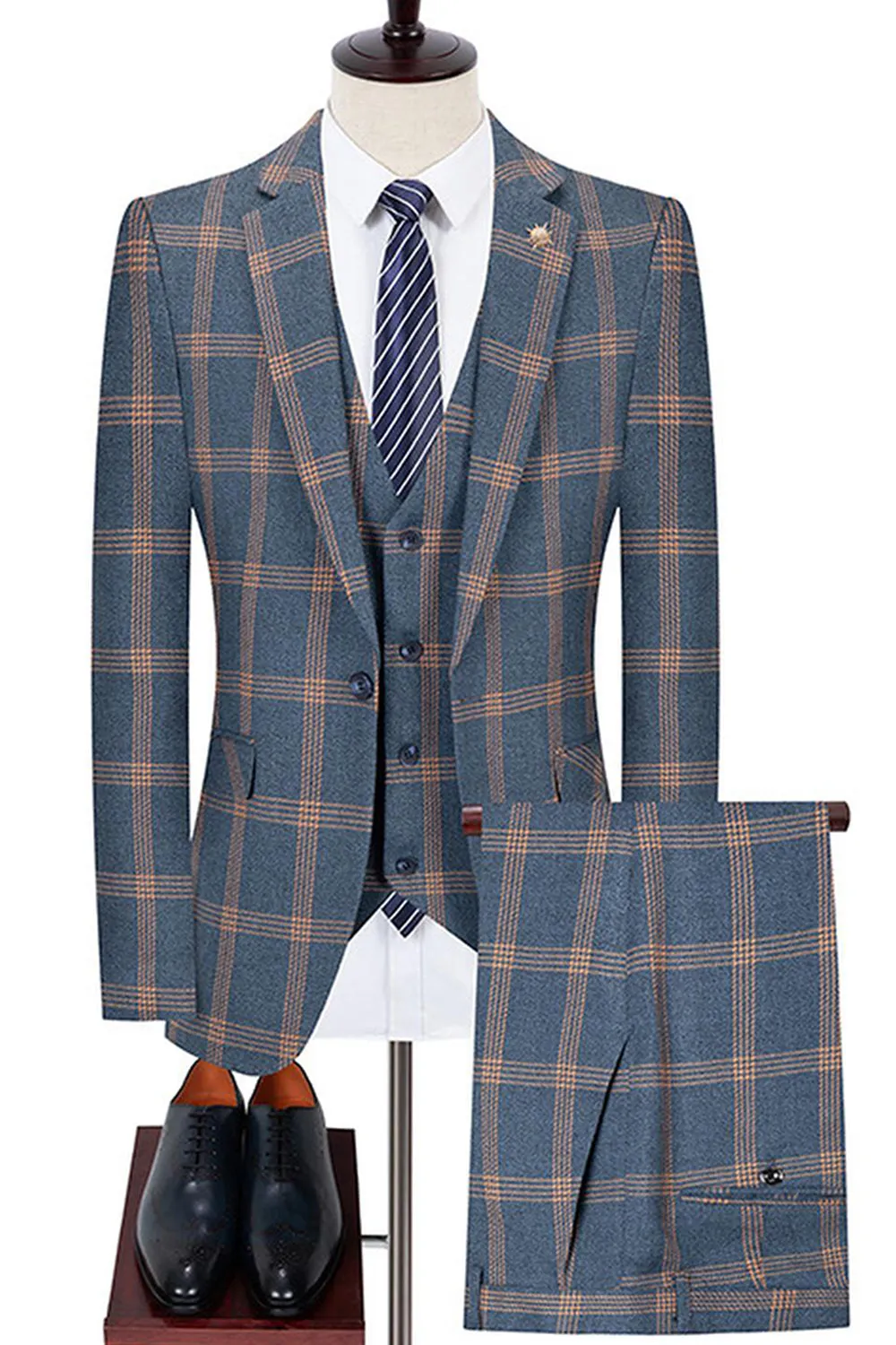 Blue Notched Lapel Slim Fit Plaid Men Suits sold by Zapaka