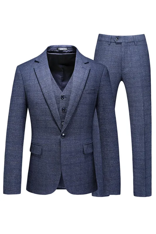 Men's Dark Blue Plaid Notched Lapel 3 Pieces Prom Suits sold by Zapaka