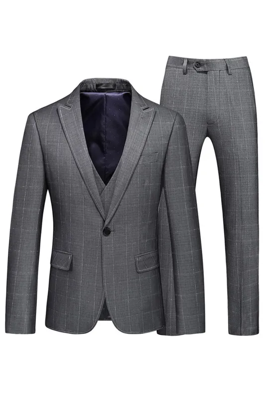 Men's Grey Plaid Peak Lapel 3 Pieces Formal Suits sold by Zapaka