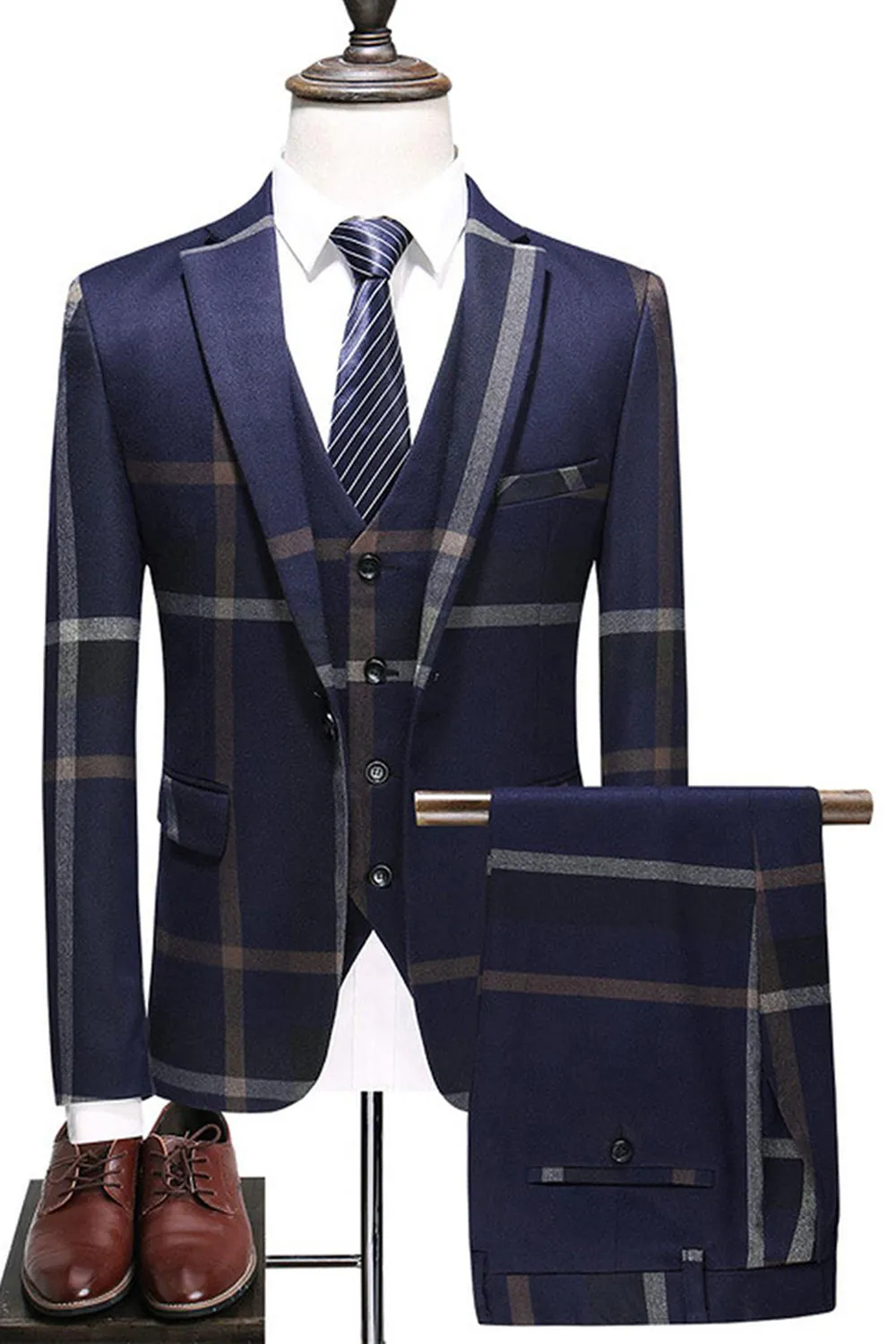 Dark Blue Notched Lapel Plaid 3-Piece Men Suits sold by Zapaka