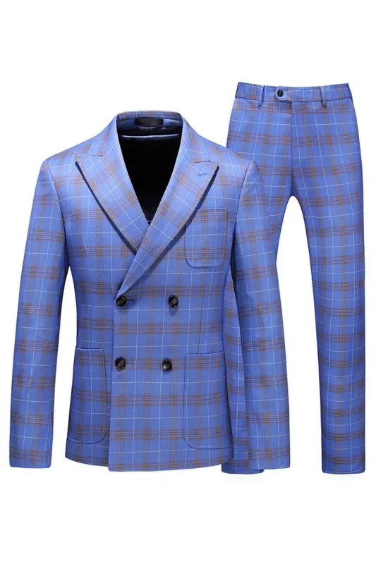 Blue Plaid Peak Lapel 2 Pieces Prom Suits sold by Zapaka