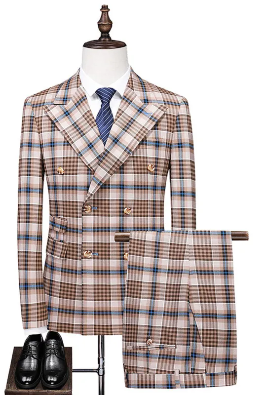 Vintage Peak Lapel Slim Fit 2 Piece Black Blue Grid Men's Suits sold by Zapaka