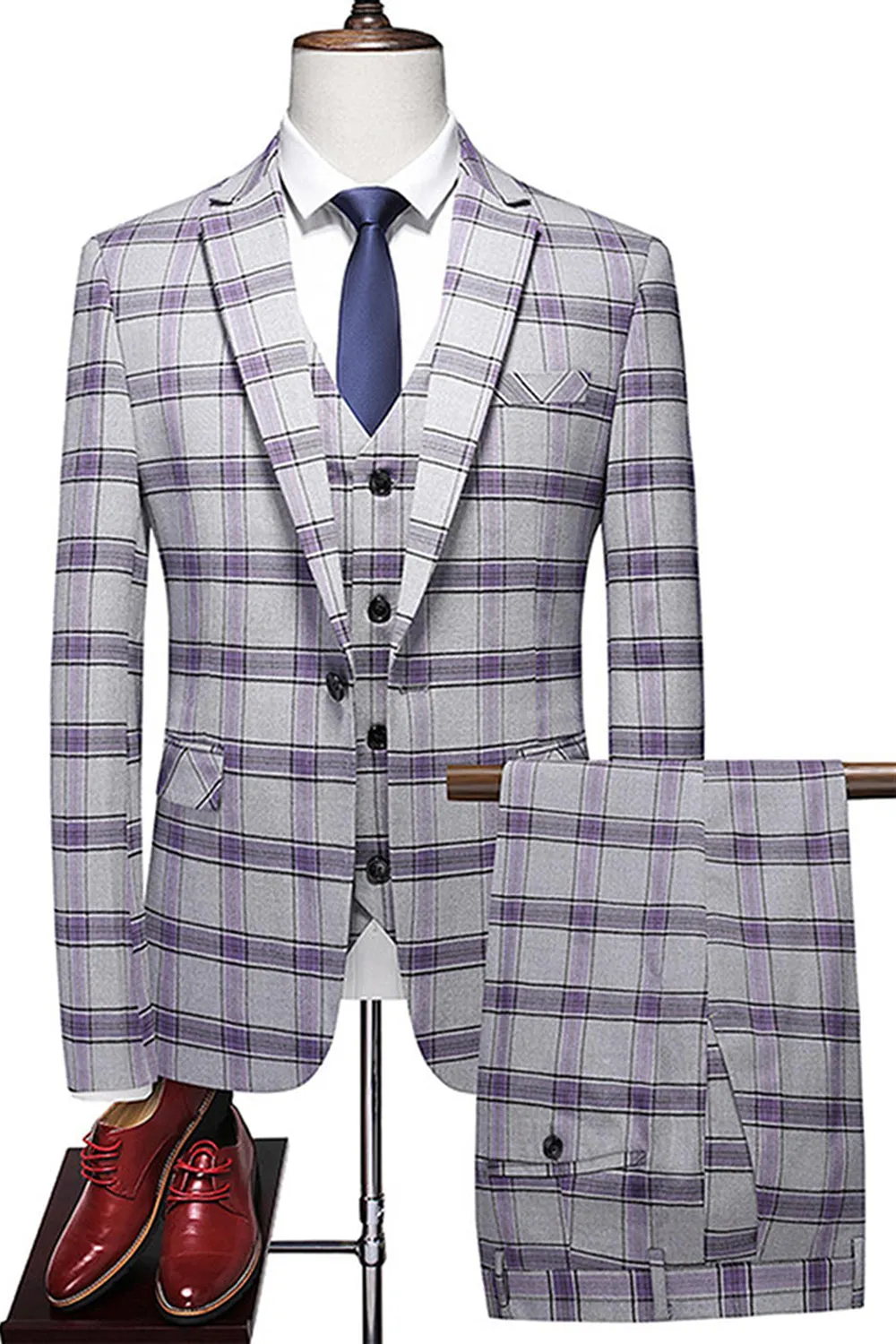 Grayish Purple Striped 3 Pieces Notched Lapel Men's Prom Suits sold by Zapaka