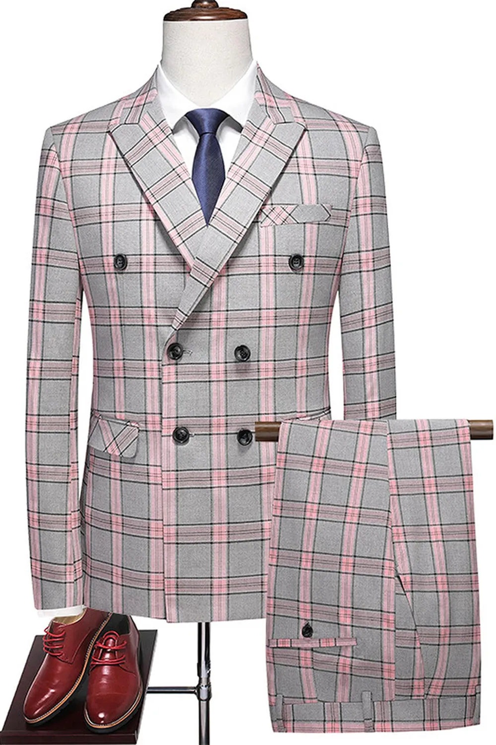 Pinkish Gray Striped 2 Pieces Peaked lapel Men's Prom Suits sold by Zapaka