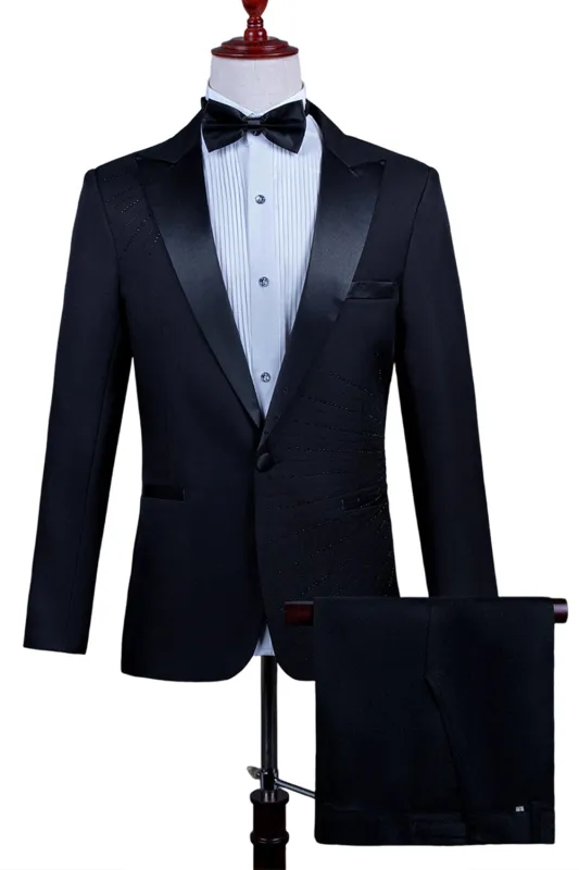 2 Piece Peak Lapel One Button Black Men's Suit with Beading sold by Zapaka