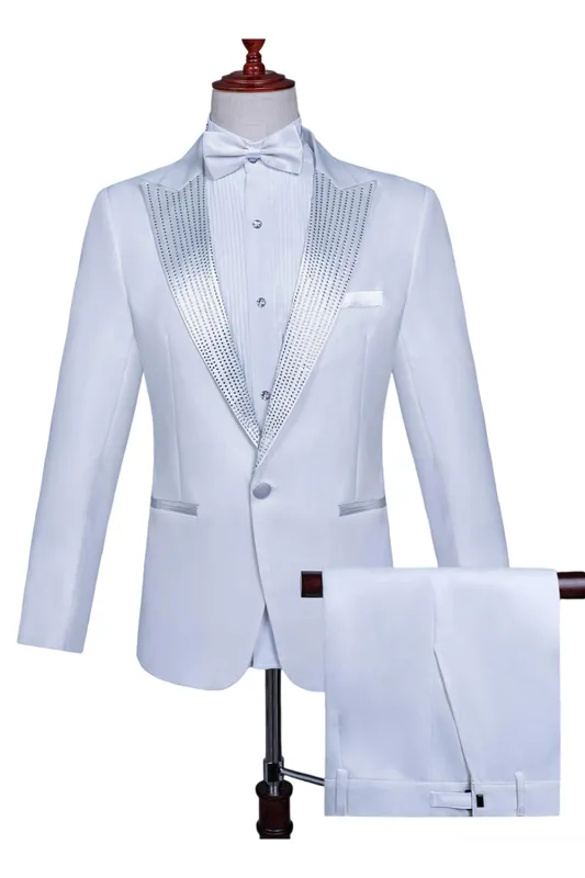 White Peak Lapel 2 Piece One Button Men's Prom Suit with Beading sold by Zapaka