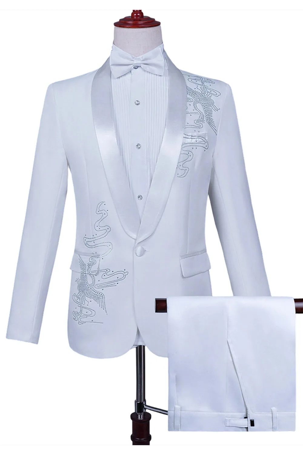 White Shawl Lapel Slim Fit 2 Piece Men's Prom Suit with Beading sold by Zapaka