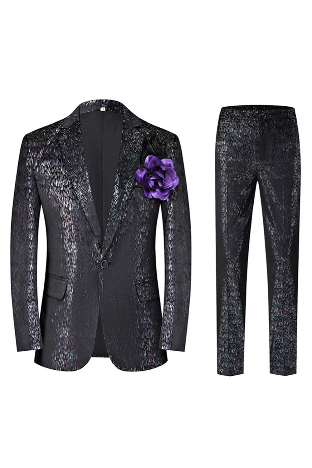 Sparkly Black Notched Lapel 2 Piece Men's Prom Suit with 3D Flower sold by Zapaka