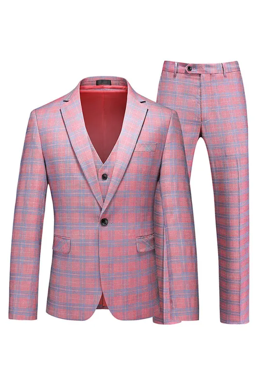 Pink Plaid Notched Lapel One Button 3 Piece Men's Suit sold by Zapaka
