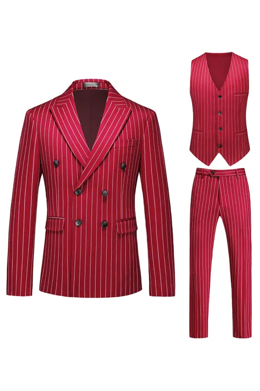 Red Striped Peak Lapel 3-Piece Men Suits sold by Zapaka