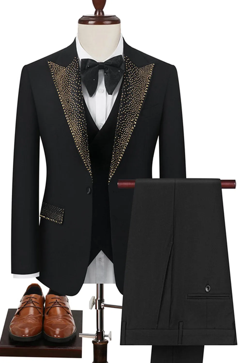 Black Peak Lapel Beaded 3-Piece Men Suits sold by Zapaka