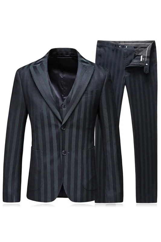 Men's Grey Green Striped Peaked Lapel 3 Pieces Prom Suits sold by Zapaka