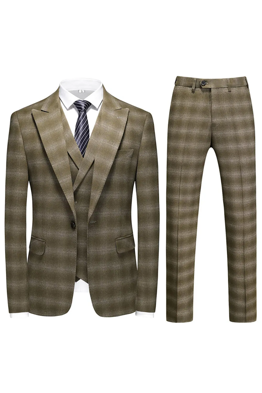 Men's Army Green Striped Peaked Lapel 3 Pieces Formal Suits sold by Zapaka