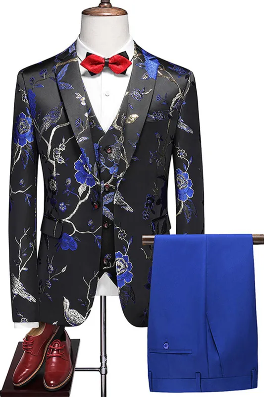 Blue Notched Lapel 3 Piece Jacquard Men's Prom Suits sold by Zapaka