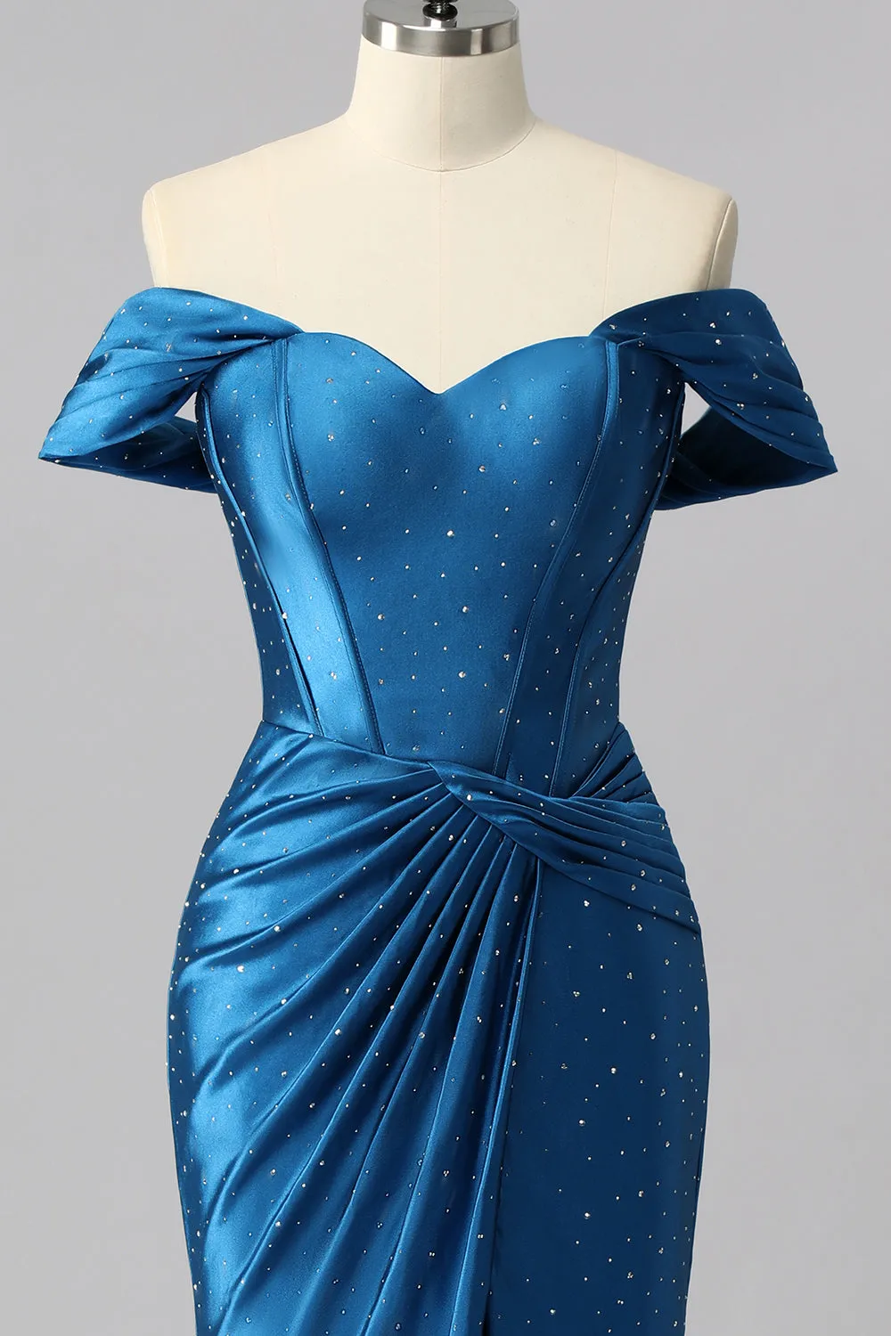 Off The Shoulder Dark Blue Mermaid Satin Ruched Prom Dress sold by Zapaka product image thumbnail 4