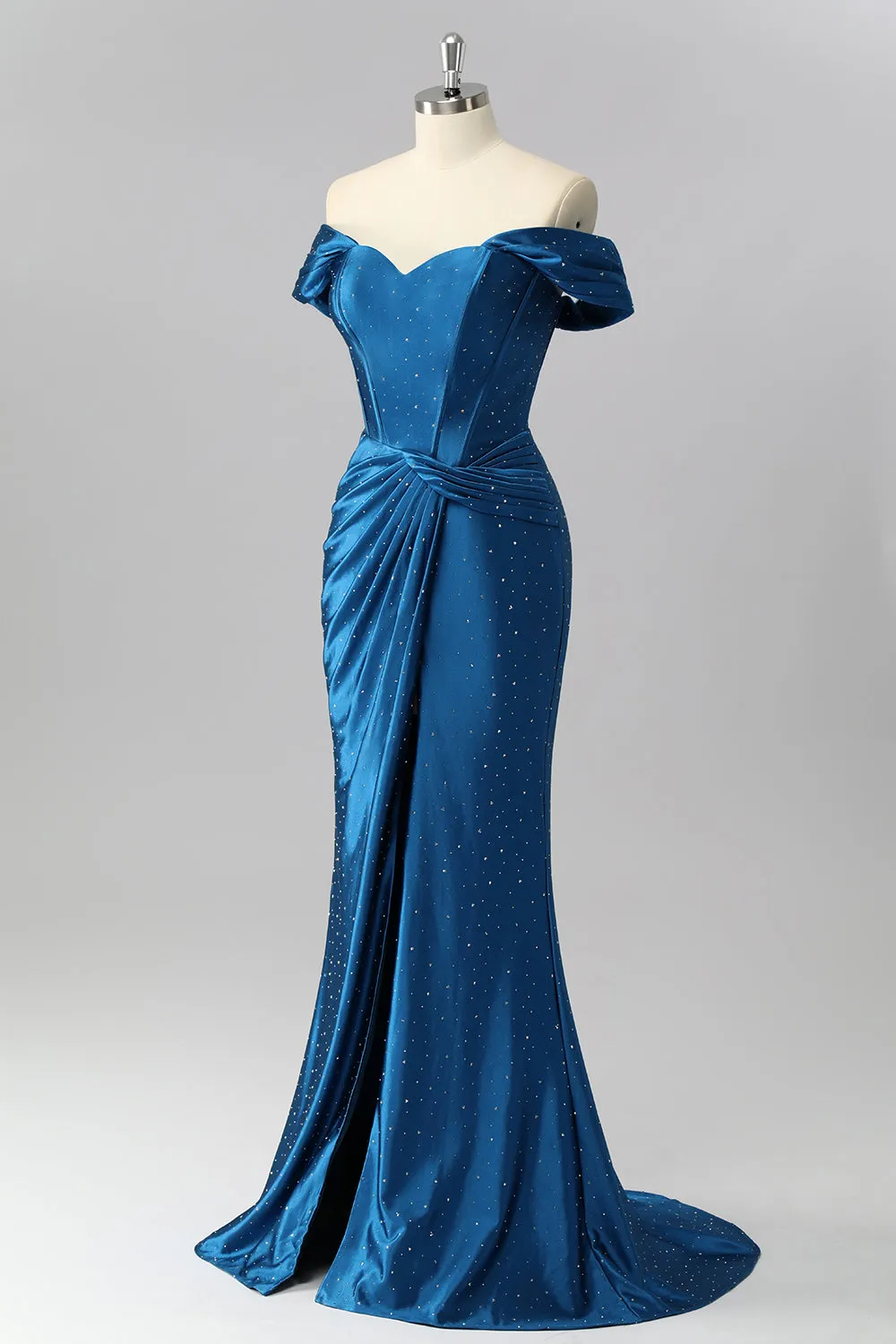 Off The Shoulder Dark Blue Mermaid Satin Ruched Prom Dress sold by Zapaka product image thumbnail 3