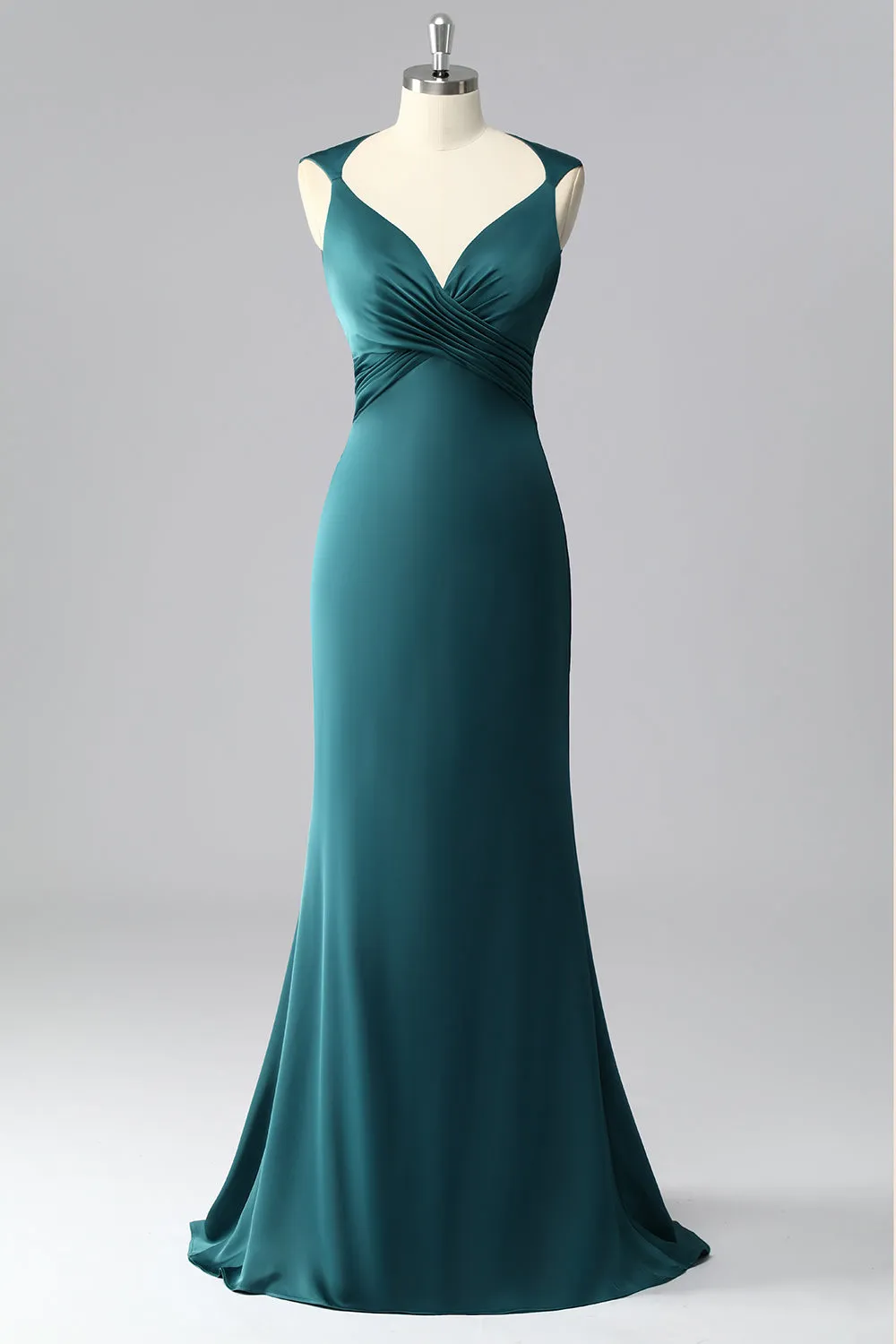 Peacock Blue Mermaid Satin Backless Ruched Prom Dress sold by Zapaka