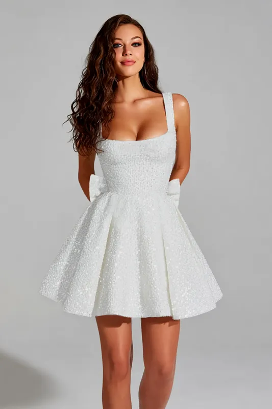 Sparkly A Line Square Neck Sequins Short Homecoming Dress with Back Giant Bow sold by Zapaka