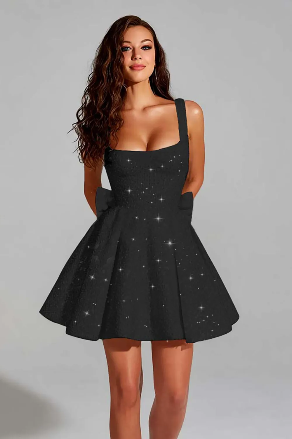 Sparkly Black A Line Square Neck Sequins Short Cocktail Dress with Back Giant Bow sold by Zapaka