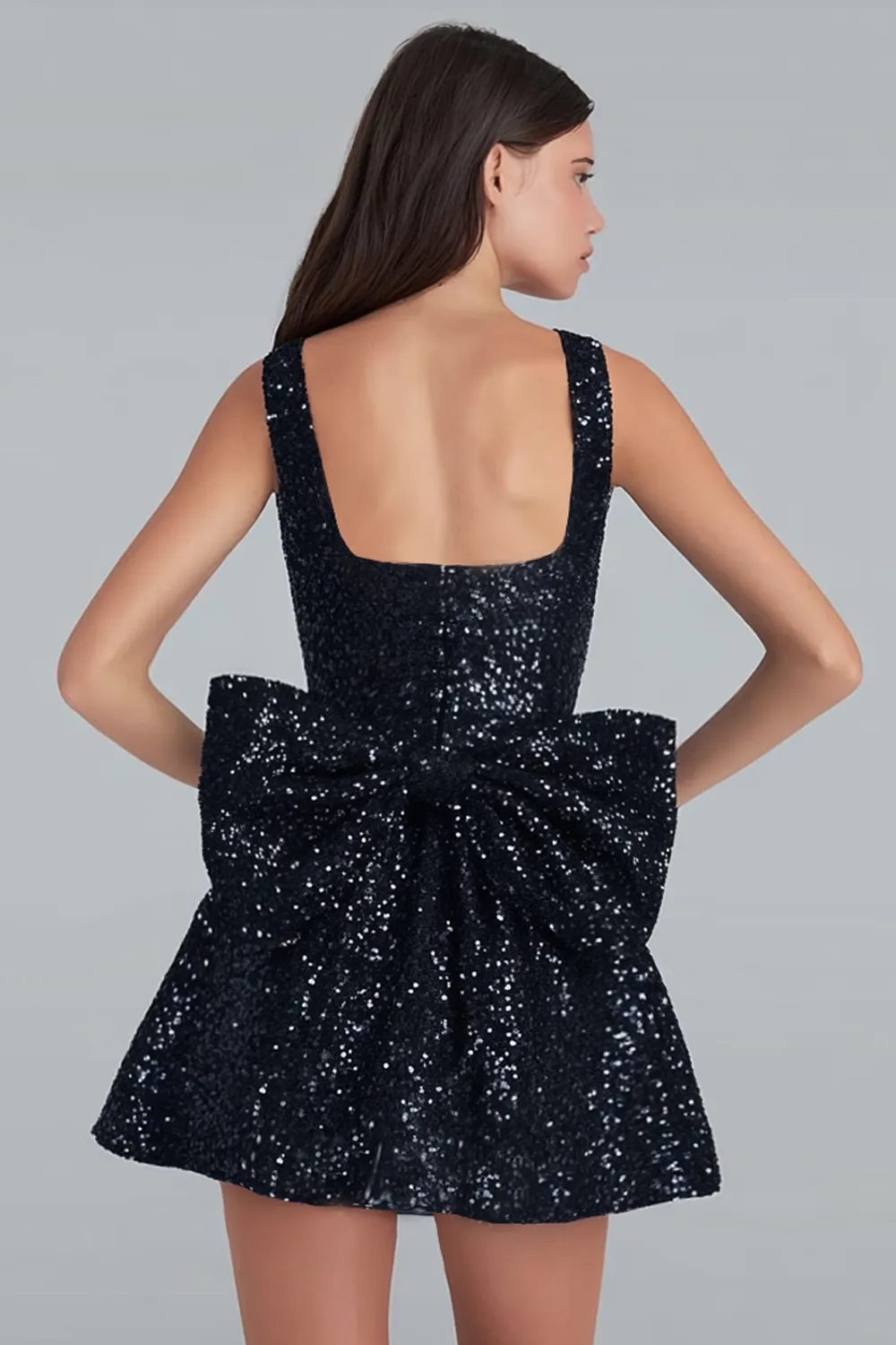 Sparkly Black A Line Square Neck Sequins Short Cocktail Dress with Back Giant Bow sold by Zapaka product image thumbnail 2